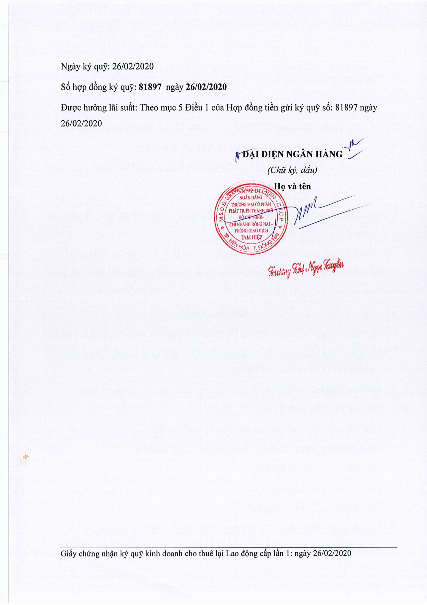 Chứng nhận ký quỹ cho thuê lao động