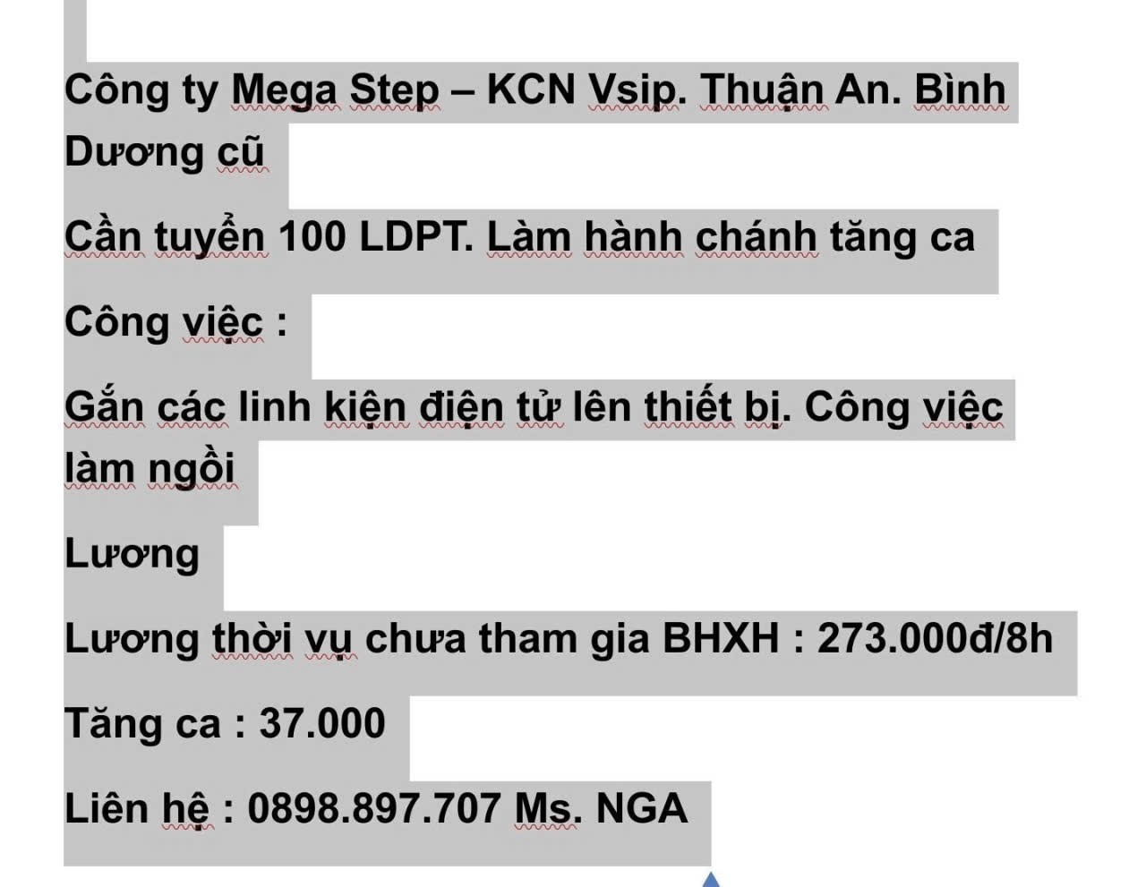 [KCN VSIP 1] Công ty Mega Step tuyển 100 lao động phổ thông lắp ráp linh kiện điện tử
