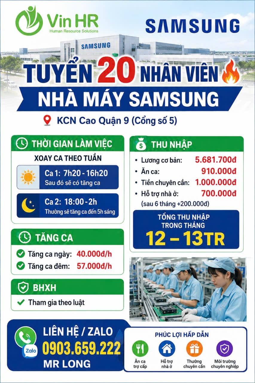 [KCN Cao Quận 9] Nhà máy Samsung tuyển 20 nam – Thu nhập 12 – 13 triệu/tháng