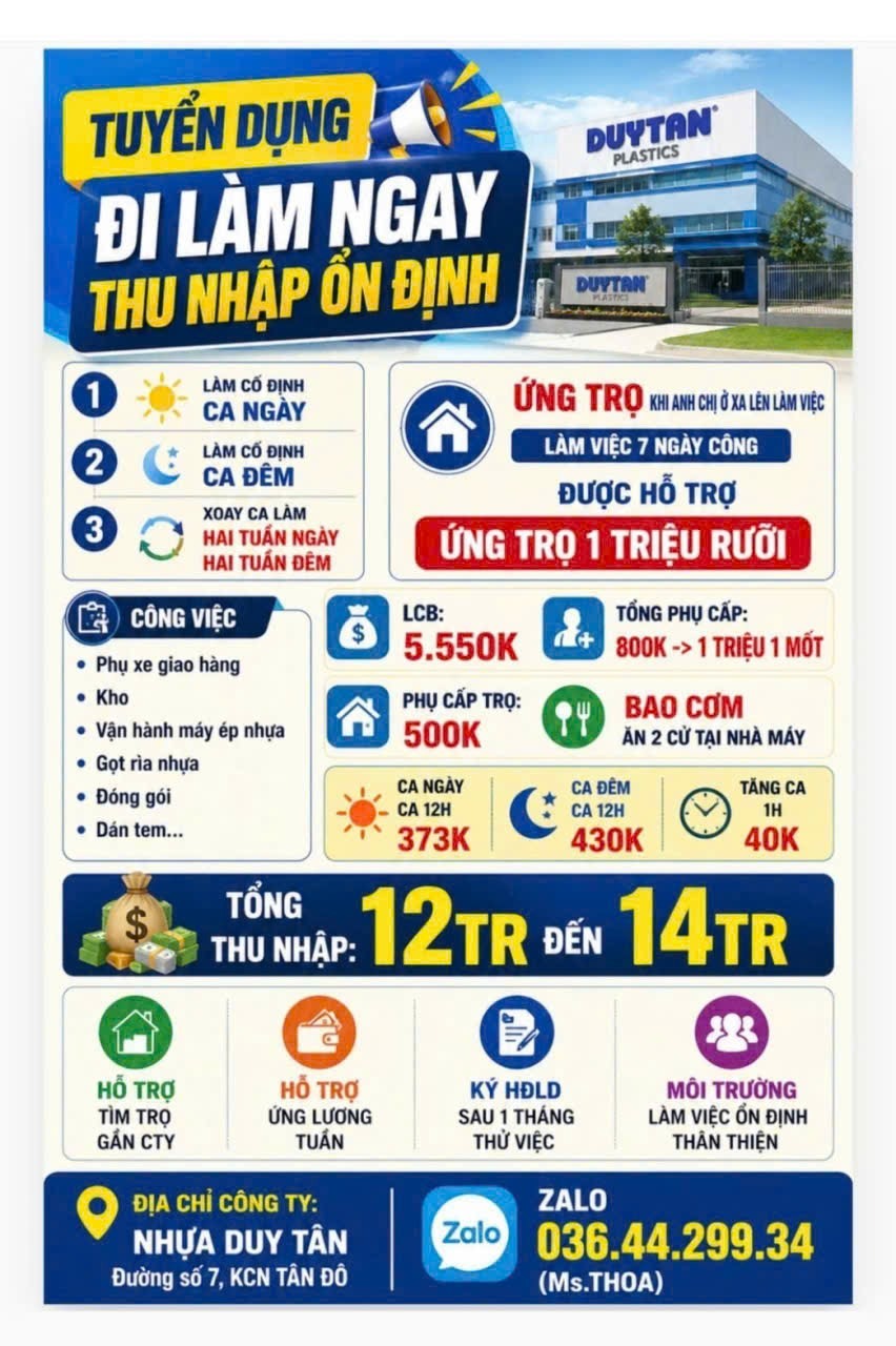 [Tây Ninh] Nhà máy Nhựa Duy Tân KCN Tân Đô tuyển dụng – Thu nhập 12 – 14 triệu/tháng