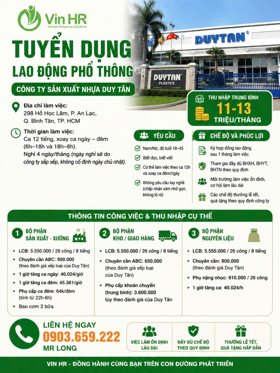 [TP.HCM] Nhà máy Nhựa Duy Tân Bình Tân tuyển lao động phổ thông – Thu nhập 11 – 13 triệu/tháng
