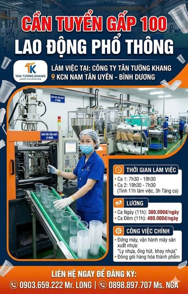 [KCN Nam Tân Uyên] Công ty Tân Tường Khang tuyển gấp 200 lao động nam/nữ